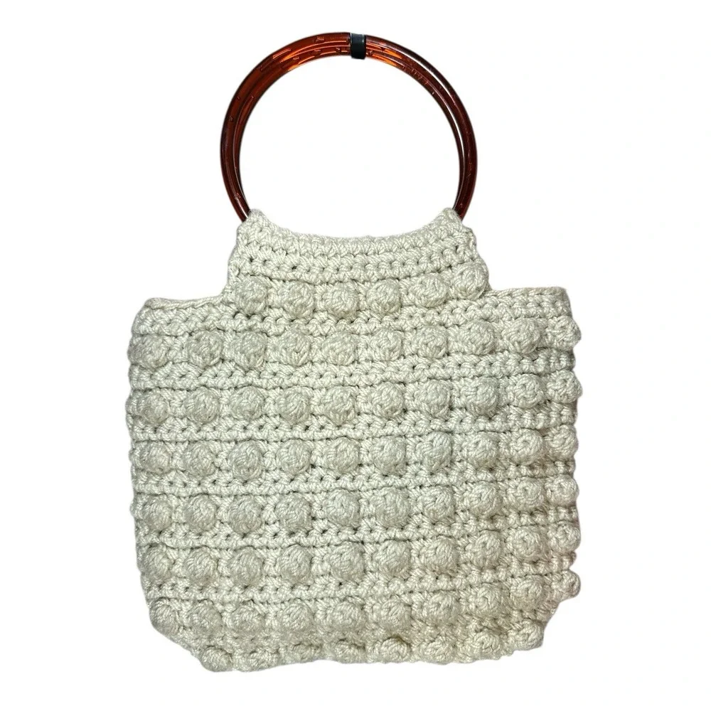 Vintage Macrame BoHo Crochet Handmade Beige Handbag Brown‎ Pastic Loop Handles
